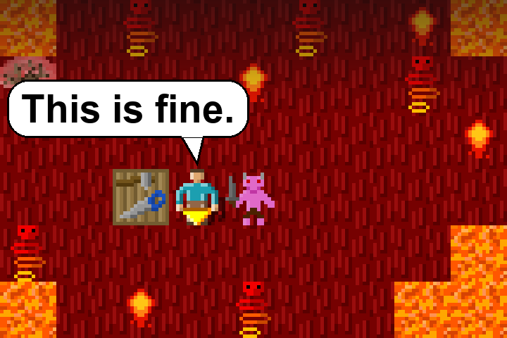 A Craftax player sits beside a crafting table in a burning Fire Realm room, flames and lava all around and a pigman at its side, saying: This is fine.